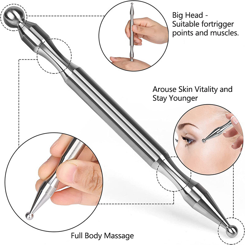Head Racket Boom - Akupunkturstift, Edelstahl, tiefes Gewebe-Massagegerät, Doppelkopf-Gesichtsreflexzonenmassage, Akupressurstange